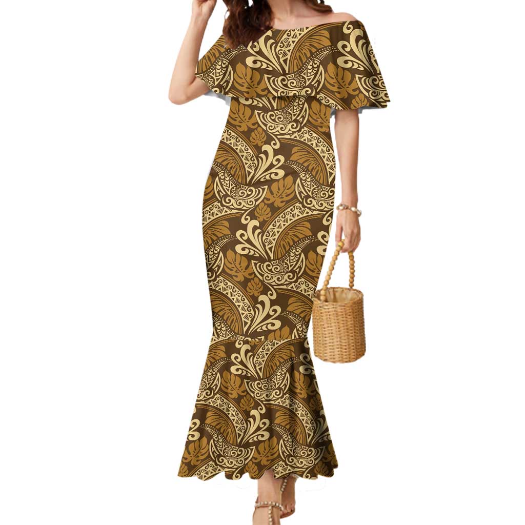 Brown Gold Monstera Mermaid Dress Polynesian Tribal Pattern LT01 Women Gold - Polynesian Pride