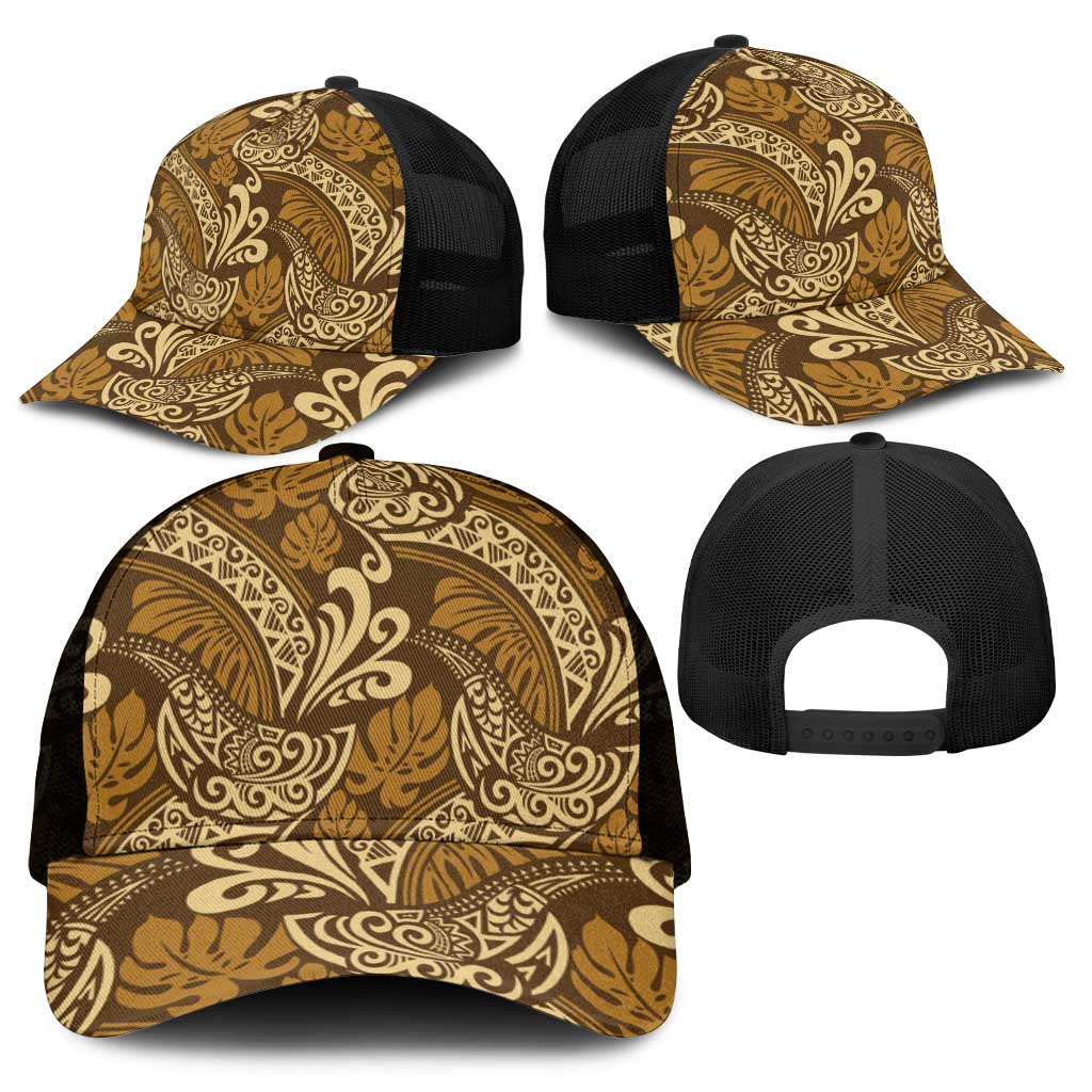 Brown Gold Monstera Mesh Trucker Cap Polynesian Tribal Pattern - Polynesian Pride