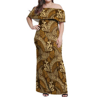 Brown Gold Monstera Off Shoulder Maxi Dress Polynesian Tribal Pattern LT01 Women Gold - Polynesian Pride