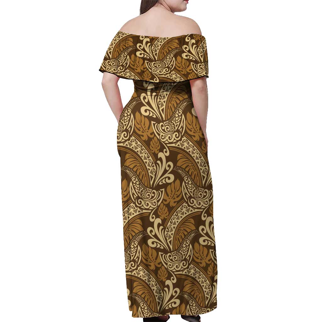 Brown Gold Monstera Off Shoulder Maxi Dress Polynesian Tribal Pattern LT01 - Polynesian Pride