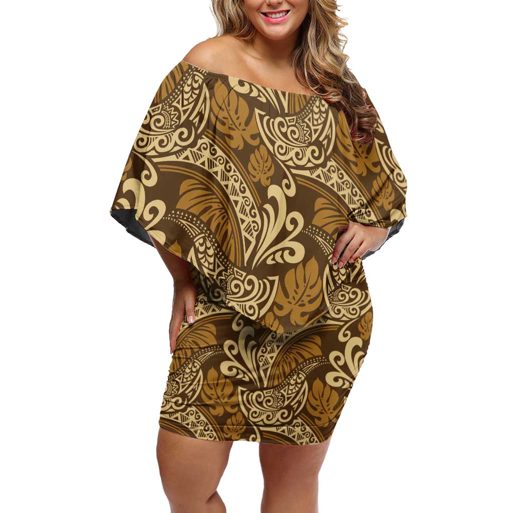 Brown Gold Monstera Off Shoulder Short Dress Polynesian Tribal Pattern LT01 Women Gold - Polynesian Pride