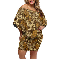 Brown Gold Monstera Off Shoulder Short Dress Polynesian Tribal Pattern LT01 Women Gold - Polynesian Pride