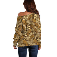 Brown Gold Monstera Off Shoulder Sweater Polynesian Tribal Pattern - Polynesian Pride