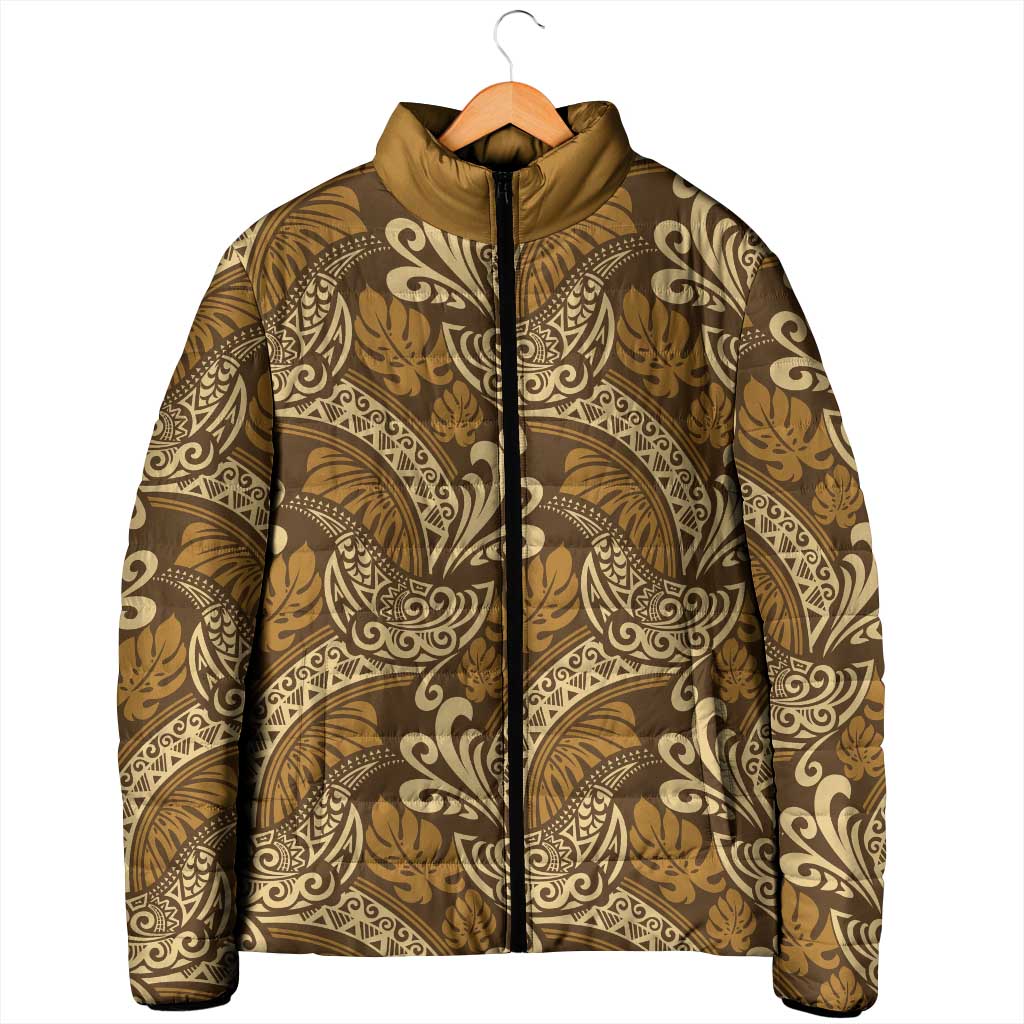 Brown Gold Monstera Padded Jacket Polynesian Tribal Pattern LT01 - Polynesian Pride