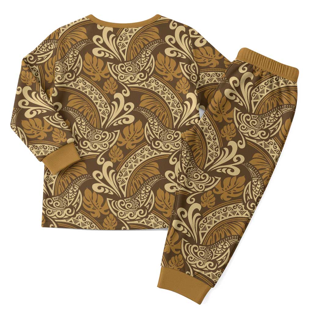 Brown Gold Monstera Christmas Pajama Set Polynesian Tribal Pattern LT01 - Polynesian Pride