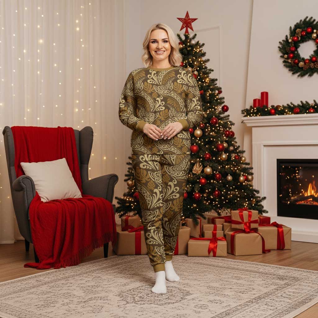 Brown Gold Monstera Christmas Pajama Set Polynesian Tribal Pattern LT01 Women Gold - Polynesian Pride