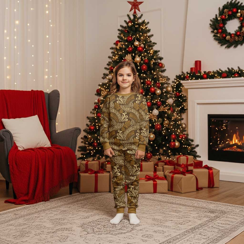 Brown Gold Monstera Christmas Pajama Set Polynesian Tribal Pattern LT01 Kid Gold - Polynesian Pride