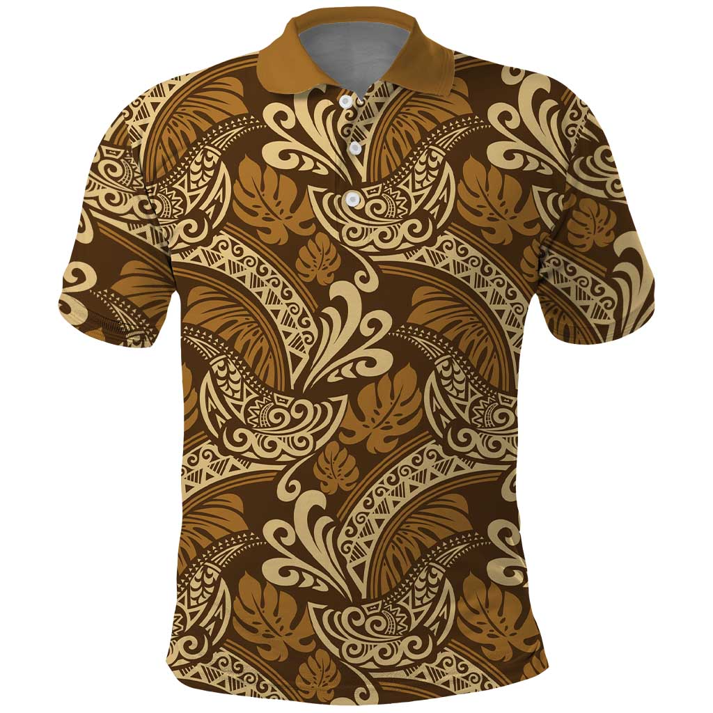 Brown Gold Monstera Polo Shirt Polynesian Tribal Pattern LT01 Gold - Polynesian Pride