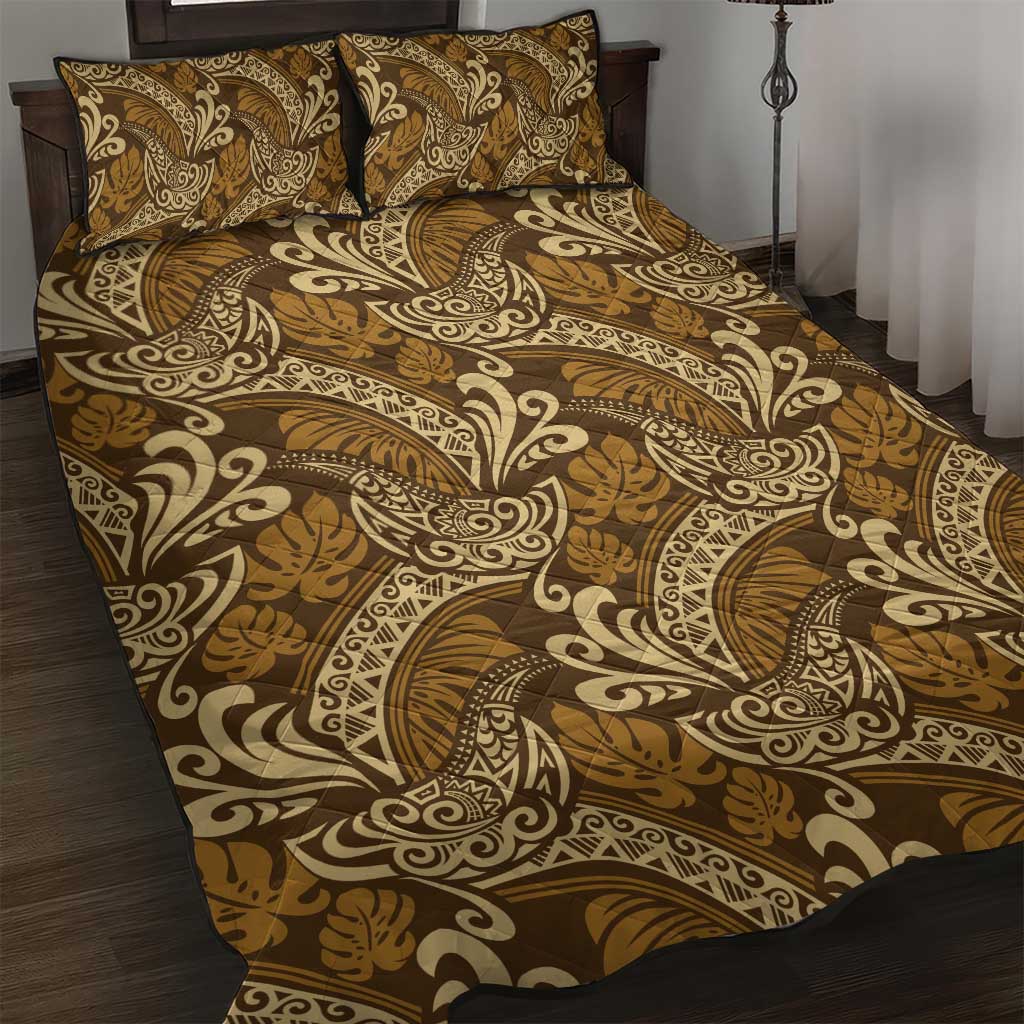 Brown Gold Monstera Quilt Bed Set Polynesian Tribal Pattern - Polynesian Pride