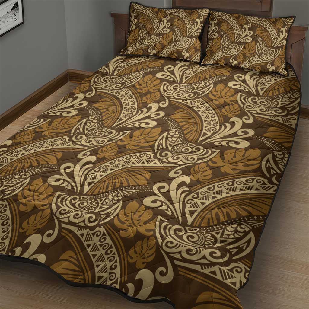 Brown Gold Monstera Quilt Bed Set Polynesian Tribal Pattern - Polynesian Pride