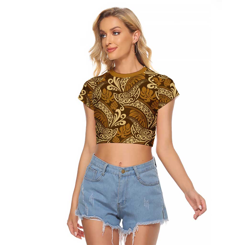 Brown Gold Monstera Raglan Cropped T Shirt Polynesian Tribal Pattern LT01 Female Gold - Polynesian Pride
