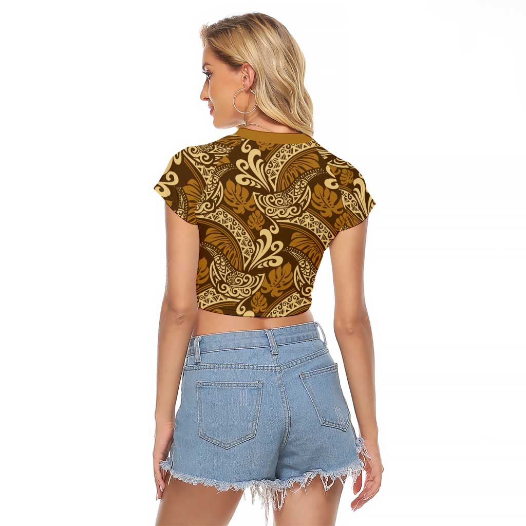 Brown Gold Monstera Raglan Cropped T Shirt Polynesian Tribal Pattern LT01 - Polynesian Pride