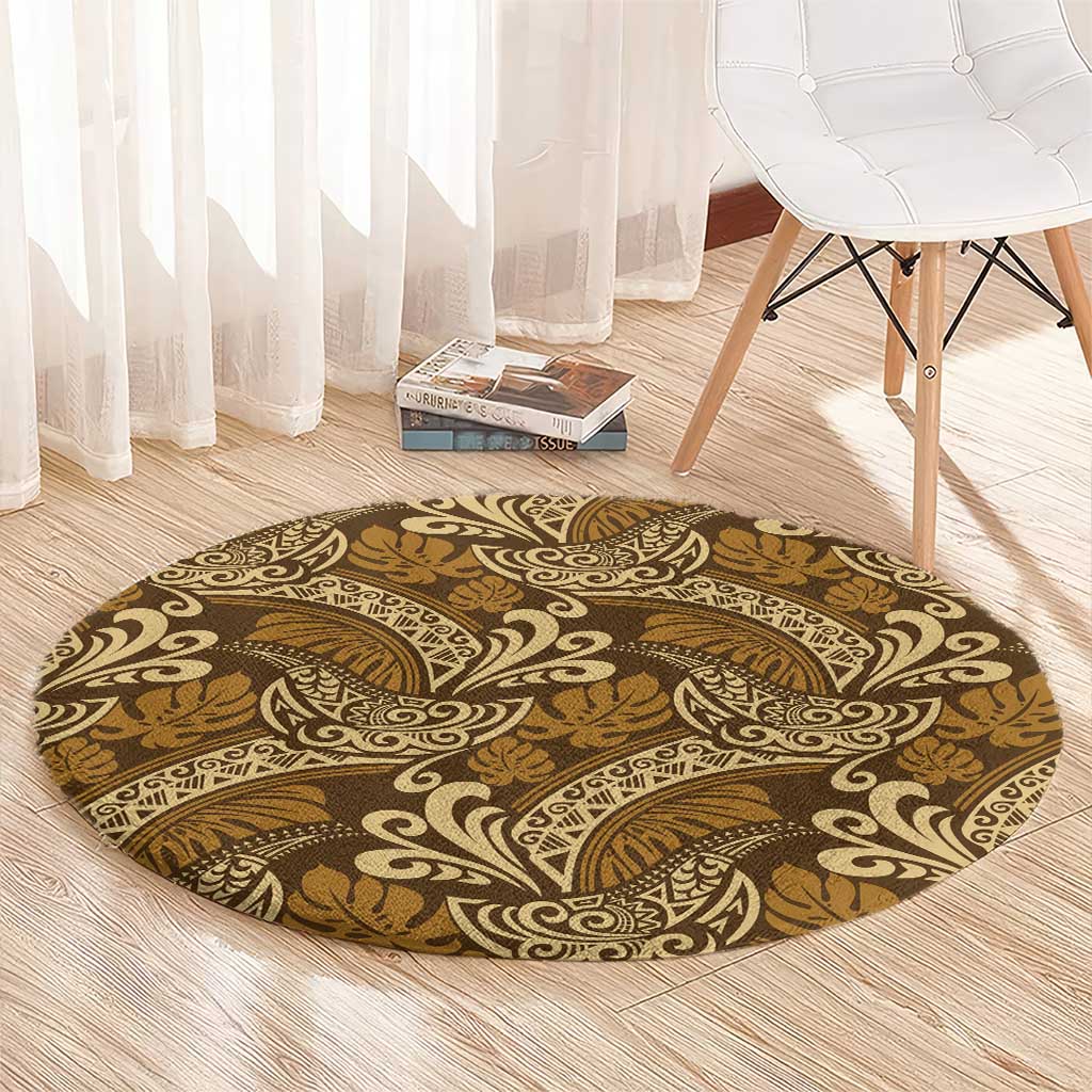 Brown Gold Monstera Round Carpet Polynesian Tribal Pattern - Polynesian Pride