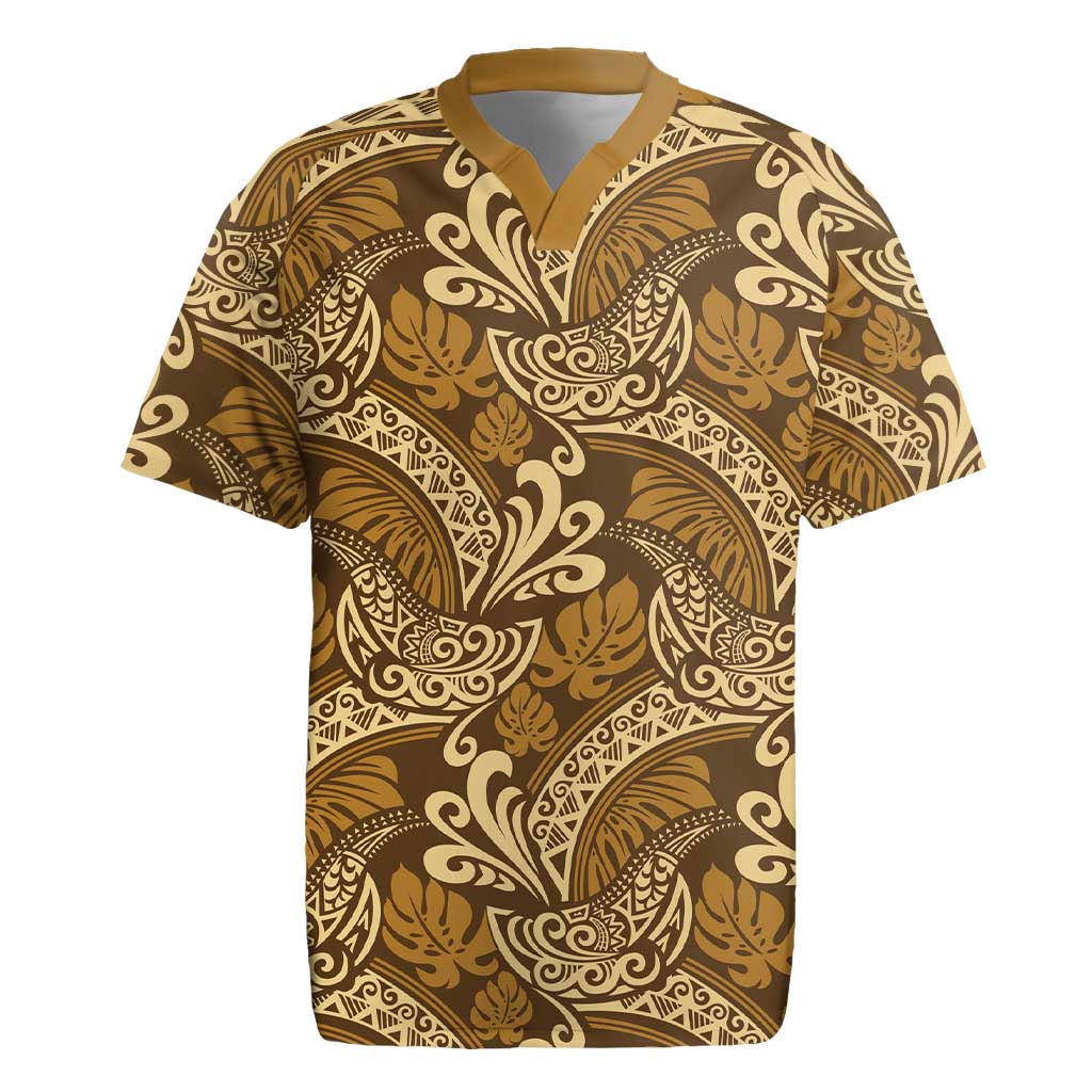 Brown Gold Monstera Rugby Jersey Polynesian Tribal Pattern - Polynesian Pride