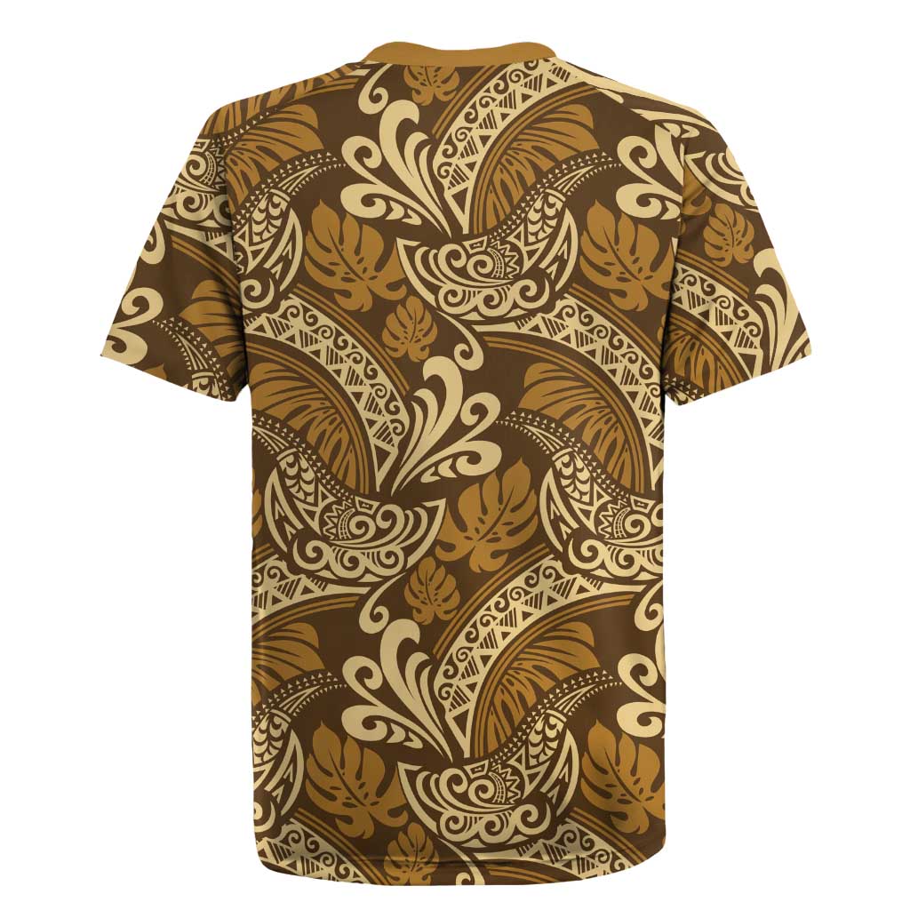 Brown Gold Monstera Rugby Jersey Polynesian Tribal Pattern - Polynesian Pride