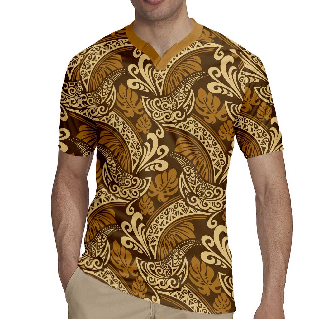 Brown Gold Monstera Rugby Jersey Polynesian Tribal Pattern - Polynesian Pride