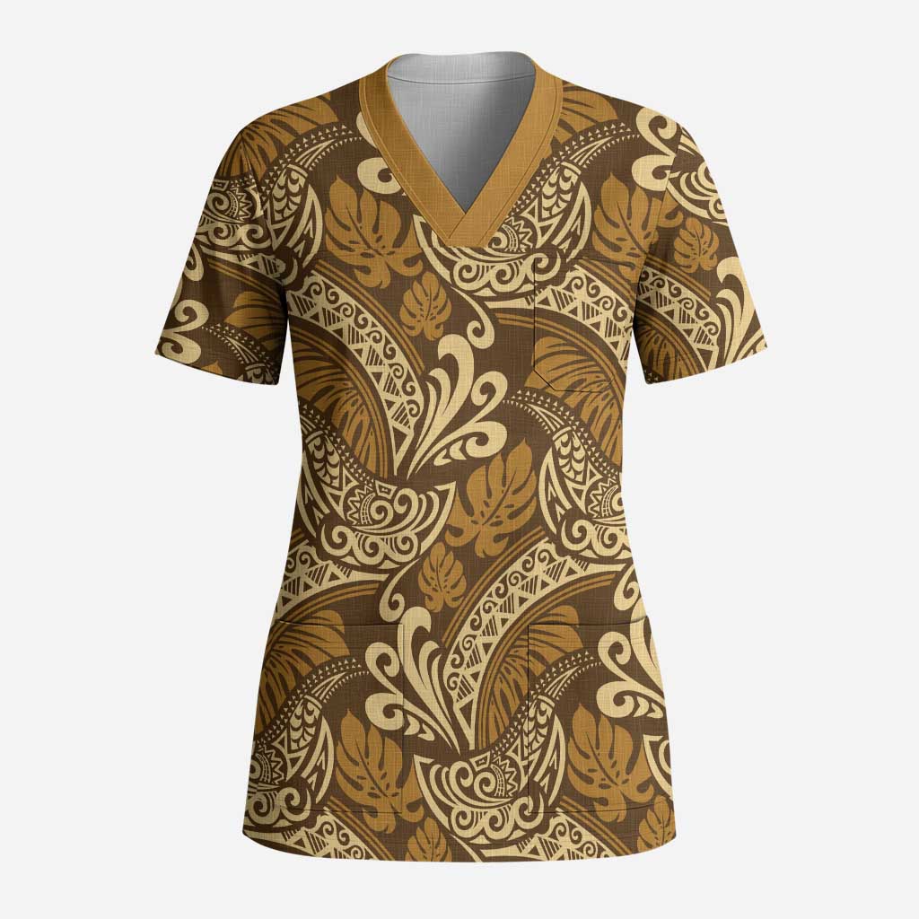 Brown Gold Monstera Scrub Top Polynesian Tribal Pattern LT01 Adult Gold - Polynesian Pride