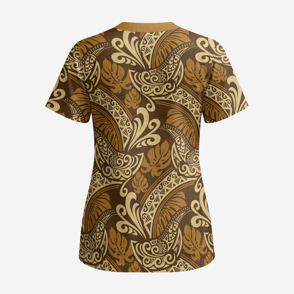 Brown Gold Monstera Scrub Top Polynesian Tribal Pattern LT01 - Polynesian Pride
