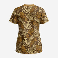 Brown Gold Monstera Scrub Top Polynesian Tribal Pattern LT01 - Polynesian Pride