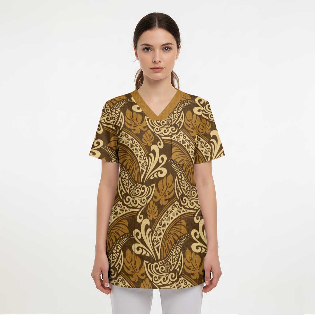 Brown Gold Monstera Scrub Top Polynesian Tribal Pattern LT01 - Polynesian Pride