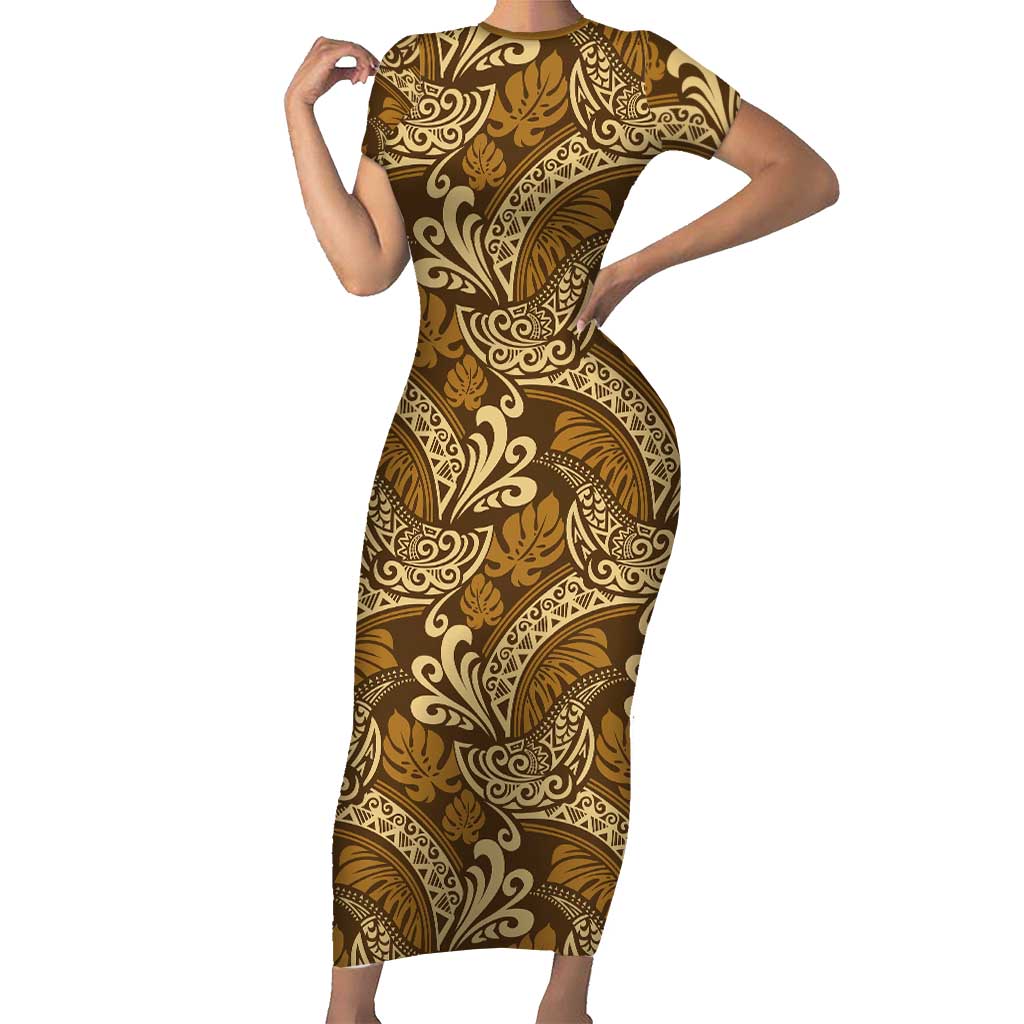 Brown Gold Monstera Short Sleeve Bodycon Dress Polynesian Tribal Pattern LT01 Long Dress Gold - Polynesian Pride