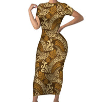 Brown Gold Monstera Short Sleeve Bodycon Dress Polynesian Tribal Pattern LT01 Long Dress Gold - Polynesian Pride