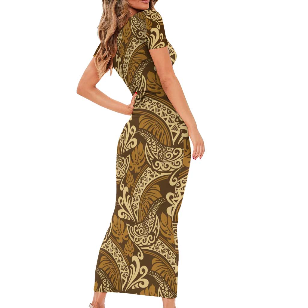 Brown Gold Monstera Short Sleeve Bodycon Dress Polynesian Tribal Pattern LT01 - Polynesian Pride