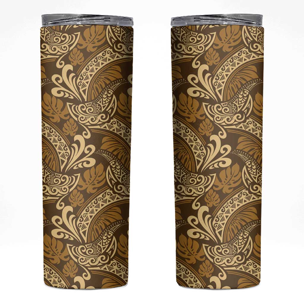 Brown Gold Monstera Skinny Tumbler Polynesian Tribal Pattern LT01 Gold - Polynesian Pride