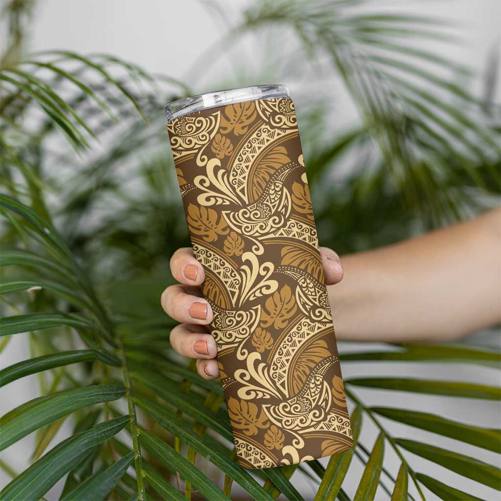 Brown Gold Monstera Skinny Tumbler Polynesian Tribal Pattern LT01 - Polynesian Pride