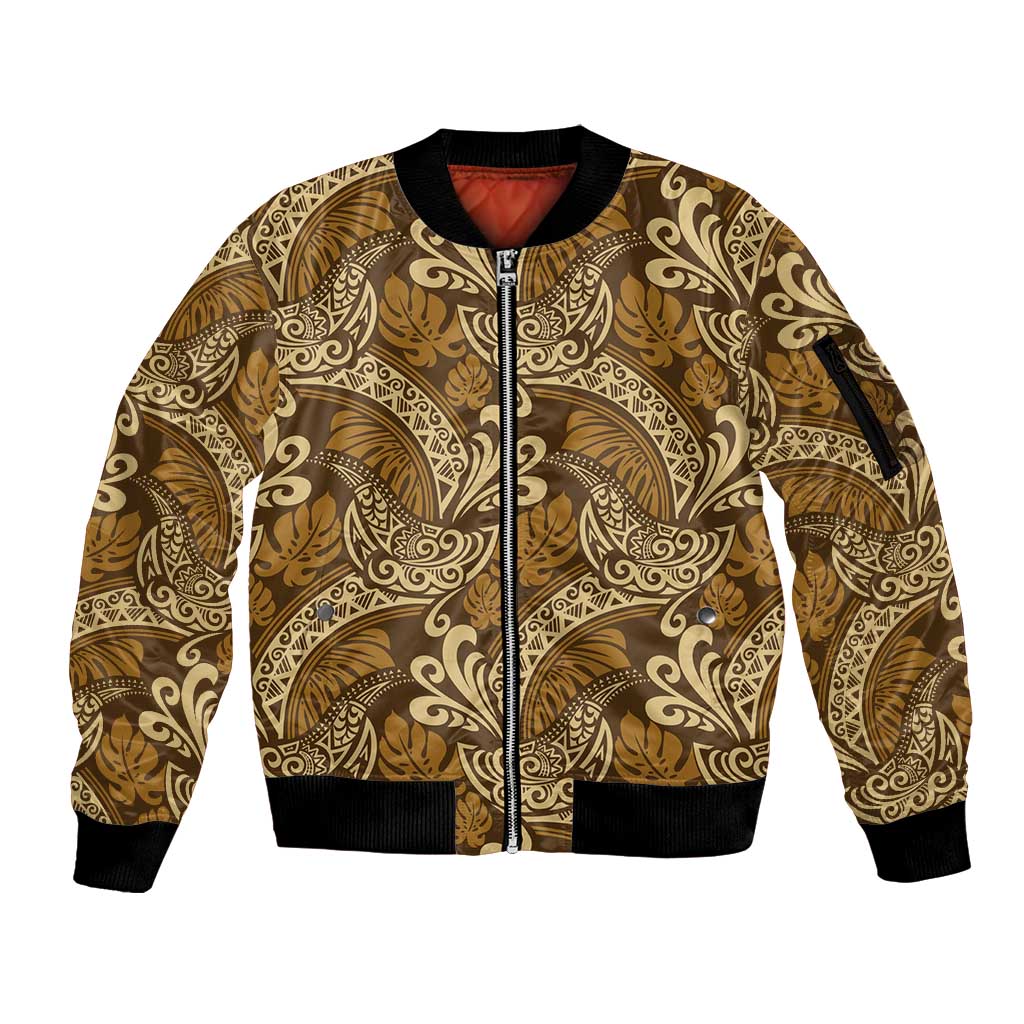 Brown Gold Monstera Sleeve Zip Bomber Jacket Polynesian Tribal Pattern - Polynesian Pride