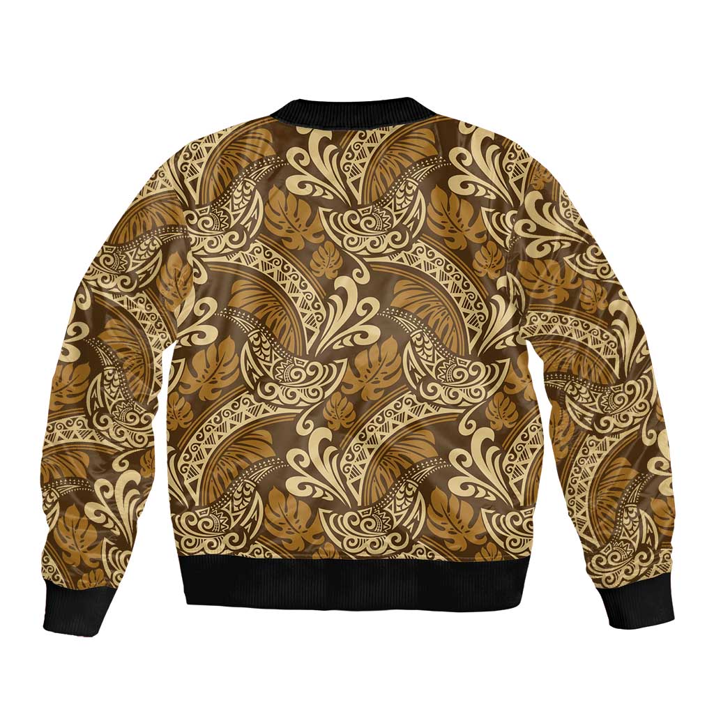 Brown Gold Monstera Sleeve Zip Bomber Jacket Polynesian Tribal Pattern - Polynesian Pride