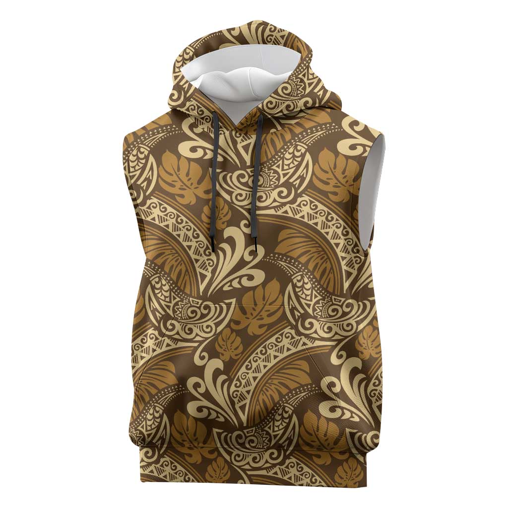 Brown Gold Monstera Sleeveless Hoodie Polynesian Tribal Pattern LT01 Gold - Polynesian Pride