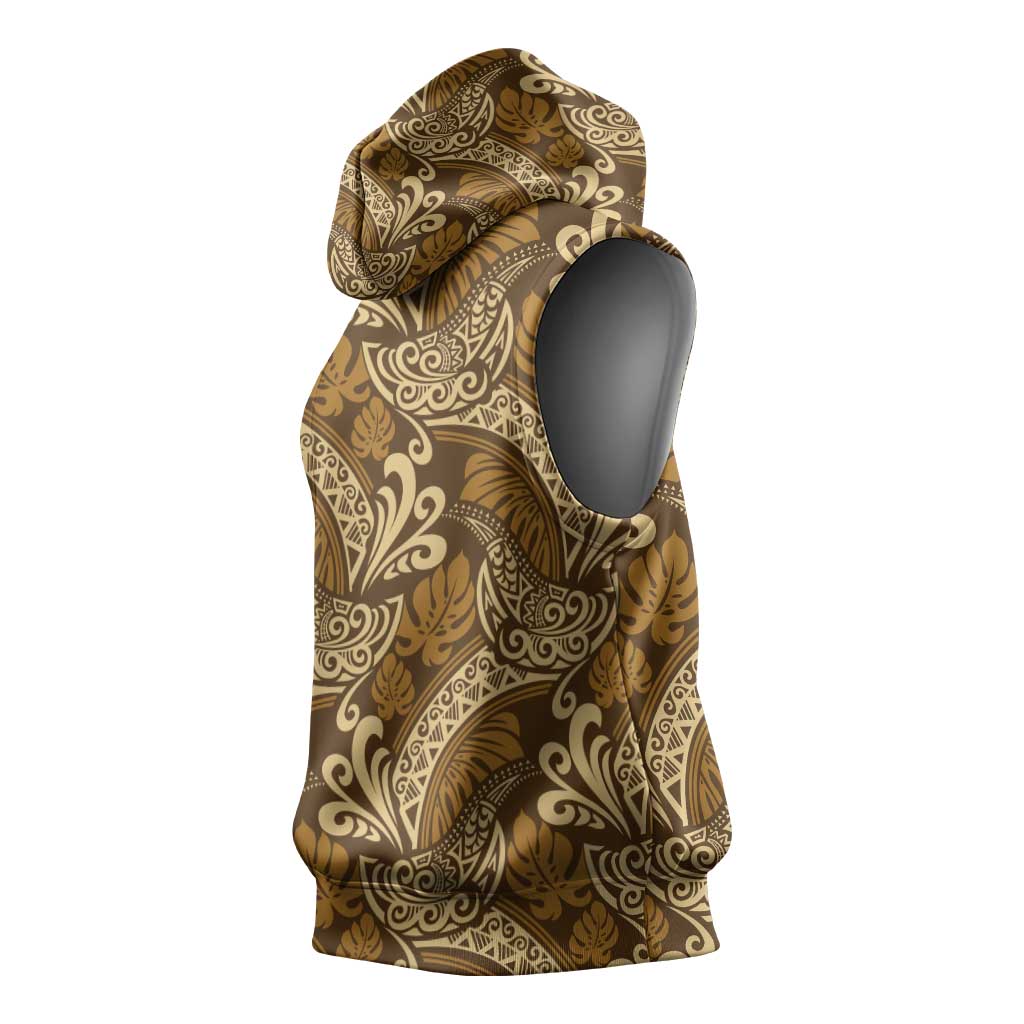 Brown Gold Monstera Sleeveless Hoodie Polynesian Tribal Pattern LT01 - Polynesian Pride
