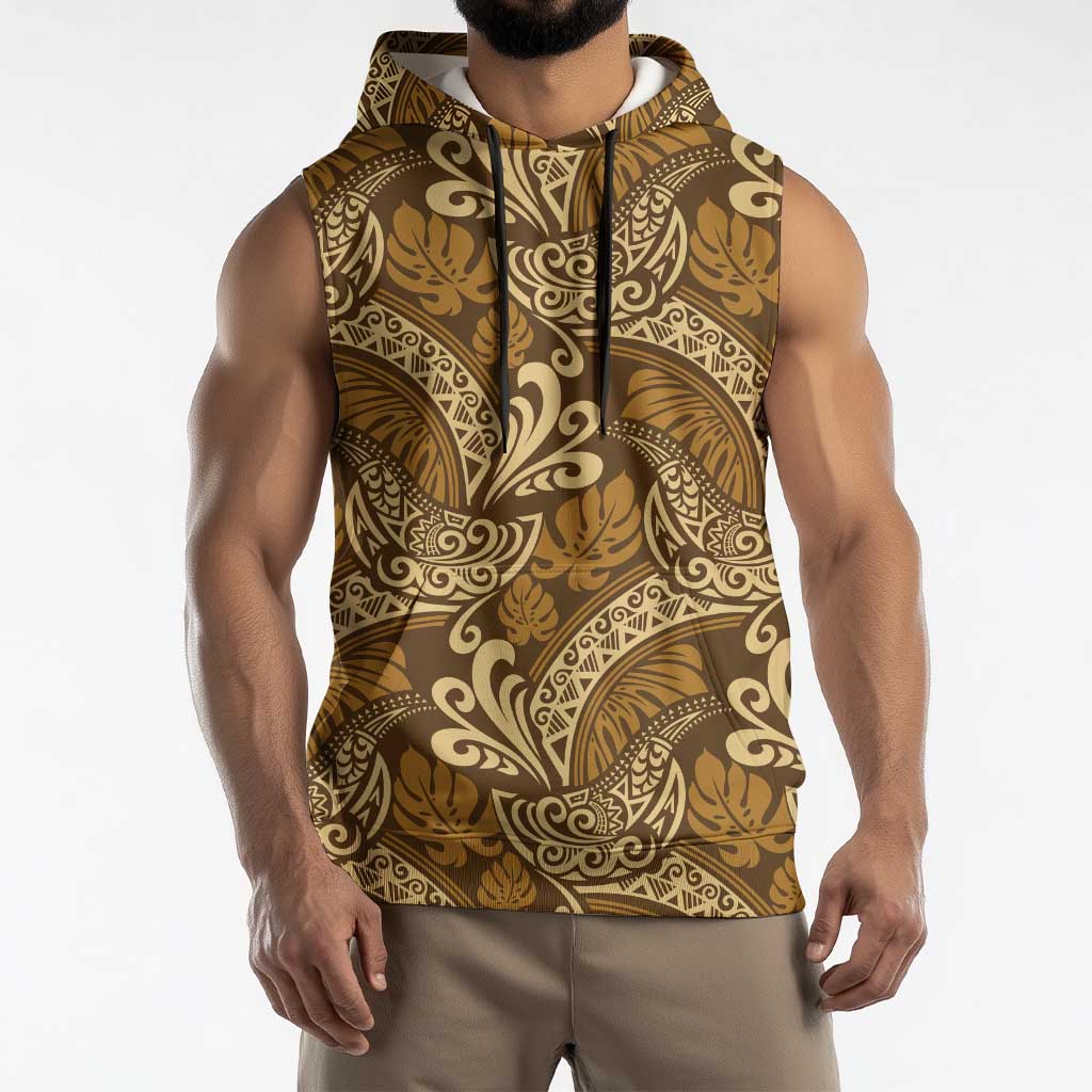 Brown Gold Monstera Sleeveless Hoodie Polynesian Tribal Pattern LT01 - Polynesian Pride