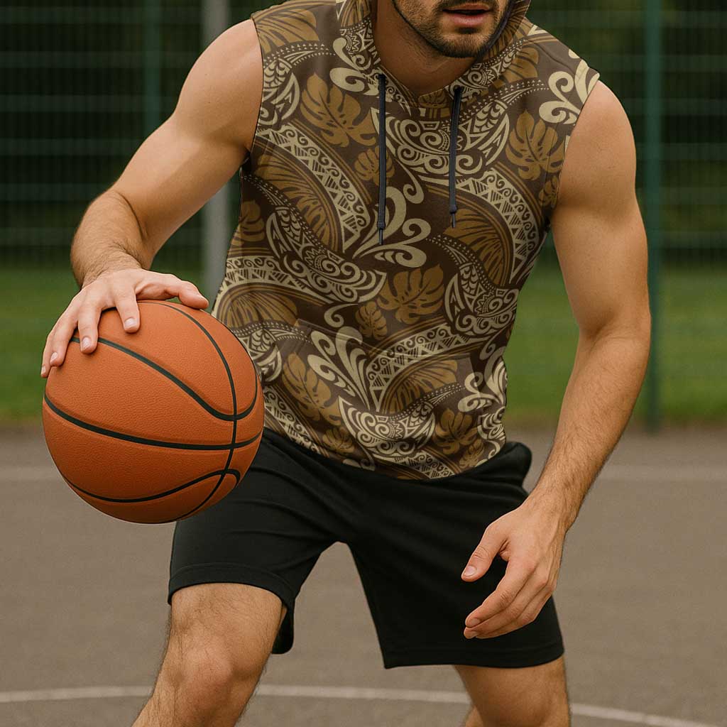 Brown Gold Monstera Sleeveless Hoodie Polynesian Tribal Pattern LT01 - Polynesian Pride