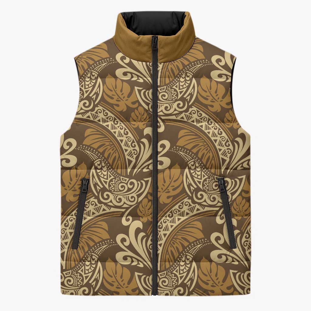 Brown Gold Monstera Sleeveless Puffer Jacket Polynesian Tribal Pattern LT01 Unisex Gold - Polynesian Pride
