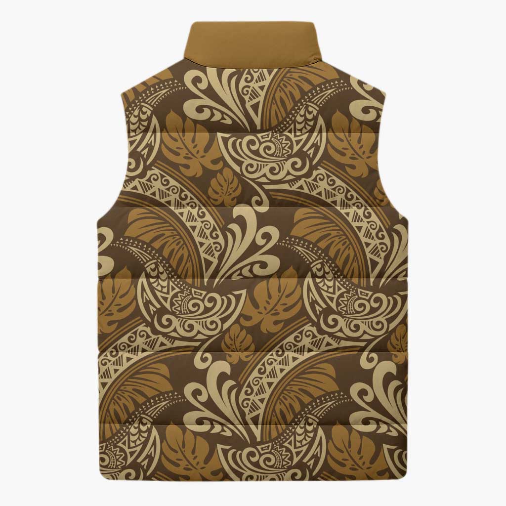 Brown Gold Monstera Sleeveless Puffer Jacket Polynesian Tribal Pattern LT01 - Polynesian Pride