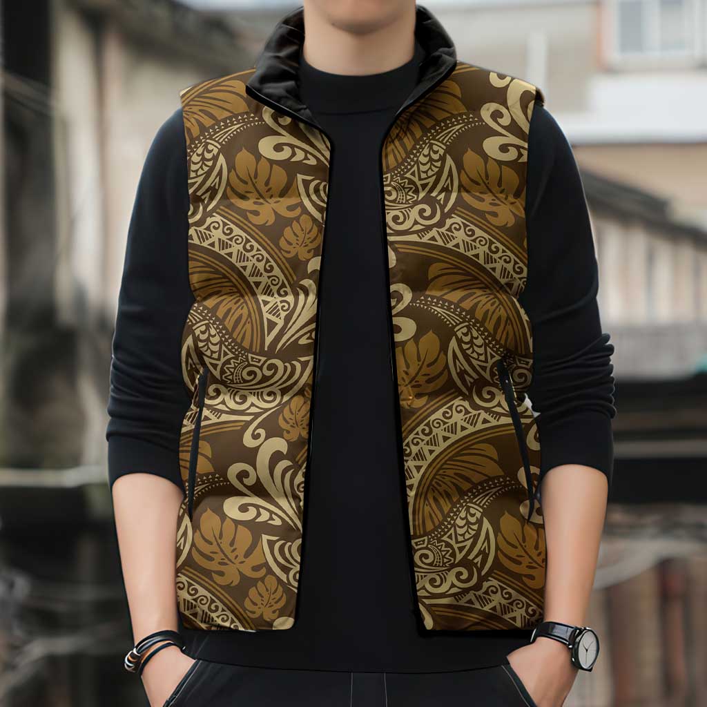 Brown Gold Monstera Sleeveless Puffer Jacket Polynesian Tribal Pattern LT01 - Polynesian Pride