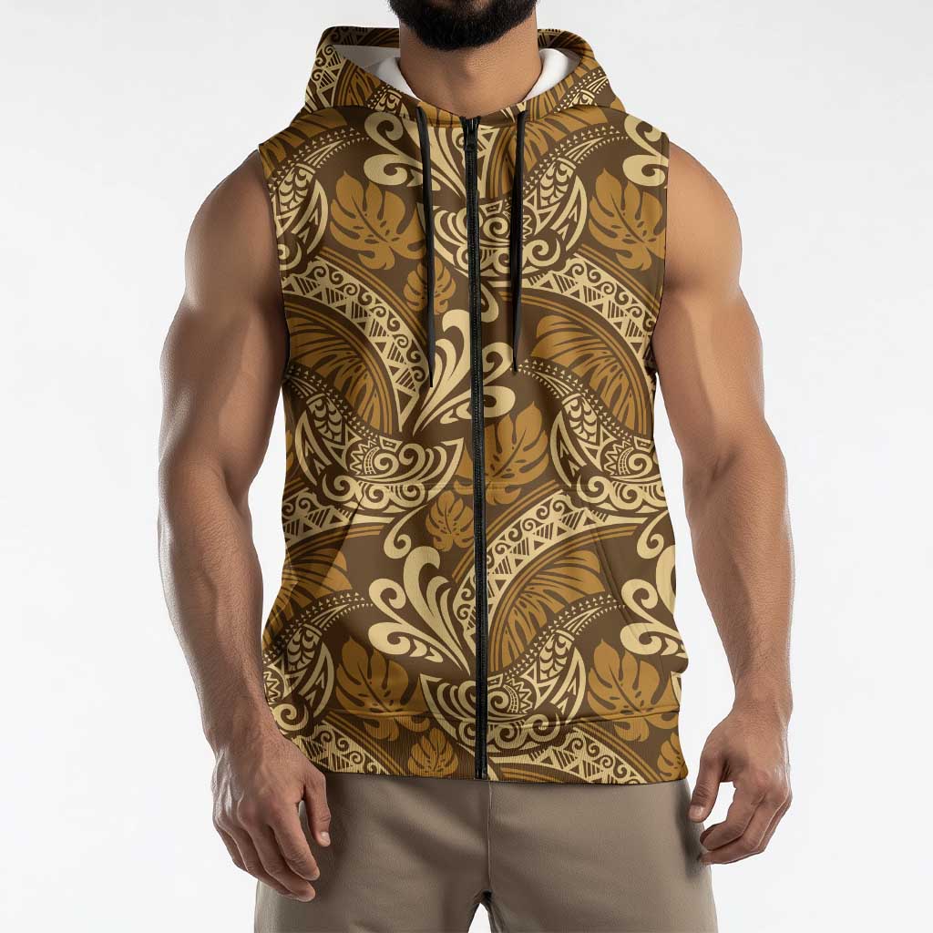 Brown Gold Monstera Sleeveless Zip Hoodie Polynesian Tribal Pattern LT01 - Polynesian Pride