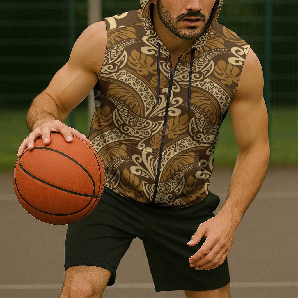 Brown Gold Monstera Sleeveless Zip Hoodie Polynesian Tribal Pattern LT01 - Polynesian Pride