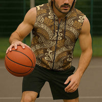 Brown Gold Monstera Sleeveless Zip Hoodie Polynesian Tribal Pattern LT01 - Polynesian Pride