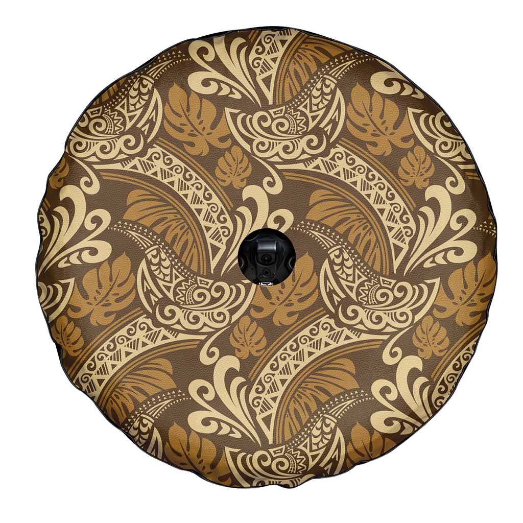Brown Gold Monstera Spare Tire Cover Polynesian Tribal Pattern - Polynesian Pride