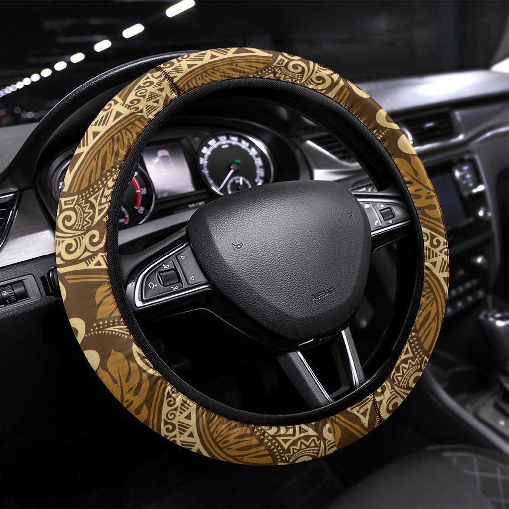 Brown Gold Monstera Steering Wheel Cover Polynesian Tribal Pattern LT01 Universal Fit Gold - Polynesian Pride