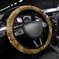 Brown Gold Monstera Steering Wheel Cover Polynesian Tribal Pattern LT01 Universal Fit Gold - Polynesian Pride
