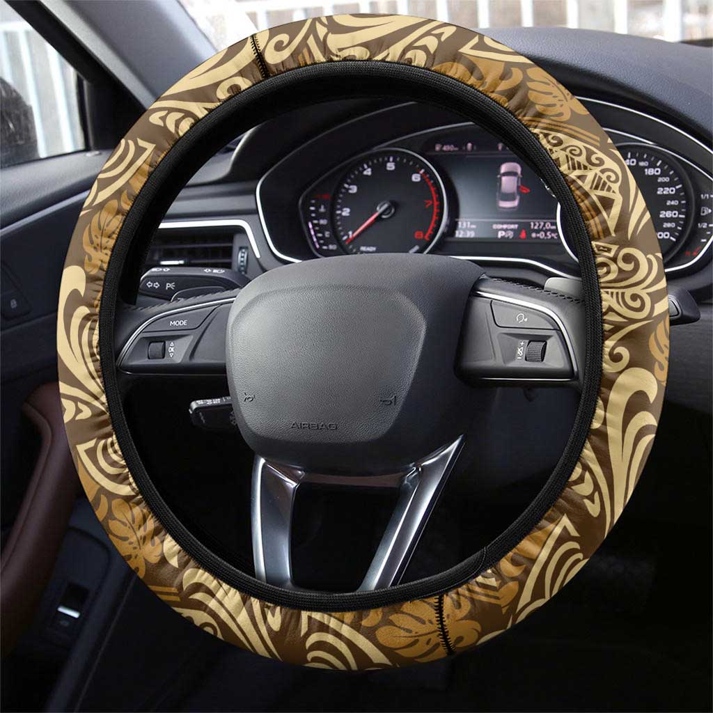 Brown Gold Monstera Steering Wheel Cover Polynesian Tribal Pattern LT01 - Polynesian Pride