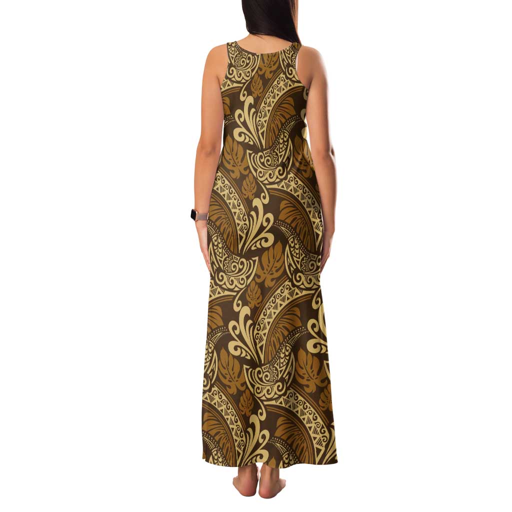 Brown Gold Monstera Tank Maxi Dress Polynesian Tribal Pattern LT01 - Polynesian Pride