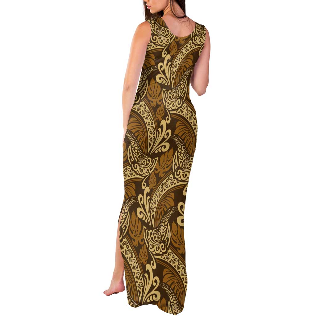 Brown Gold Monstera Tank Maxi Dress Polynesian Tribal Pattern LT01 - Polynesian Pride