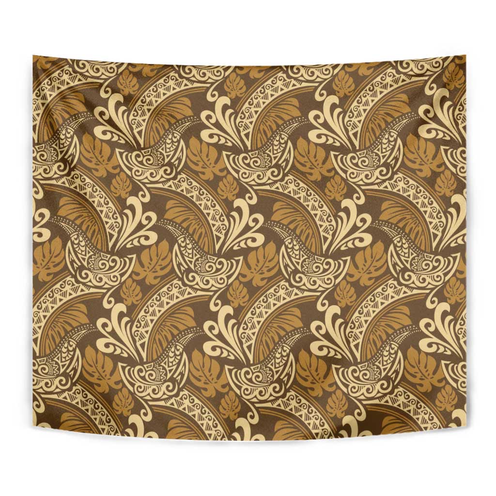 Brown Gold Monstera Tapestry Polynesian Tribal Pattern - Polynesian Pride
