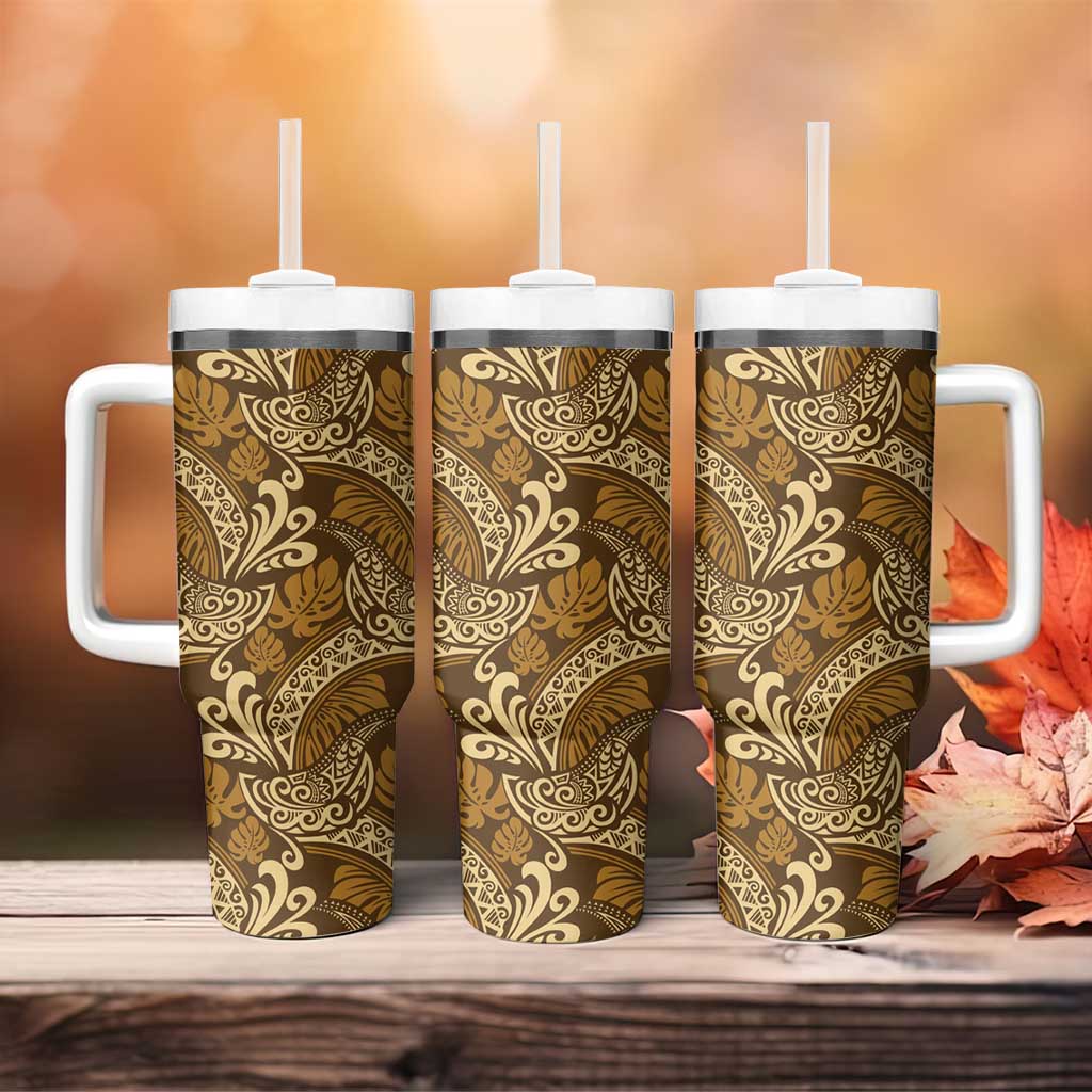 Brown Gold Monstera Tumbler With Handle Polynesian Tribal Pattern - Polynesian Pride