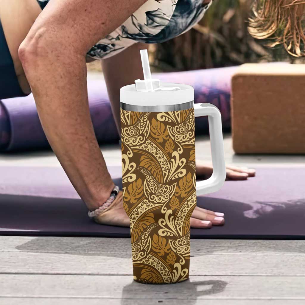 Brown Gold Monstera Tumbler With Handle Polynesian Tribal Pattern - Polynesian Pride